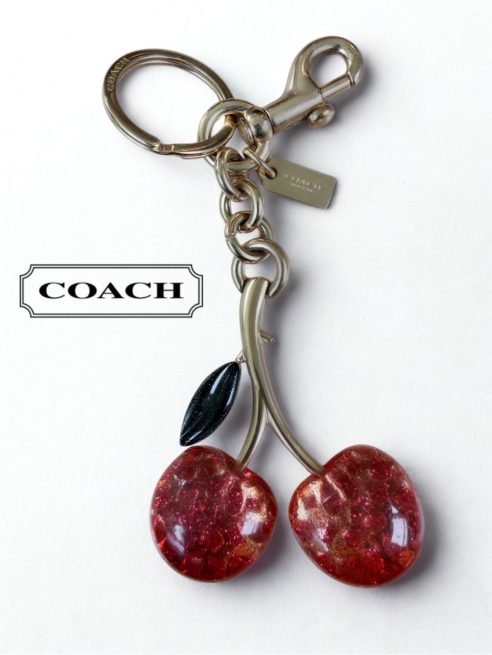 COACH 3D Glitter Resin Cherry Bag Charm Keychain Gold Red Sparkle